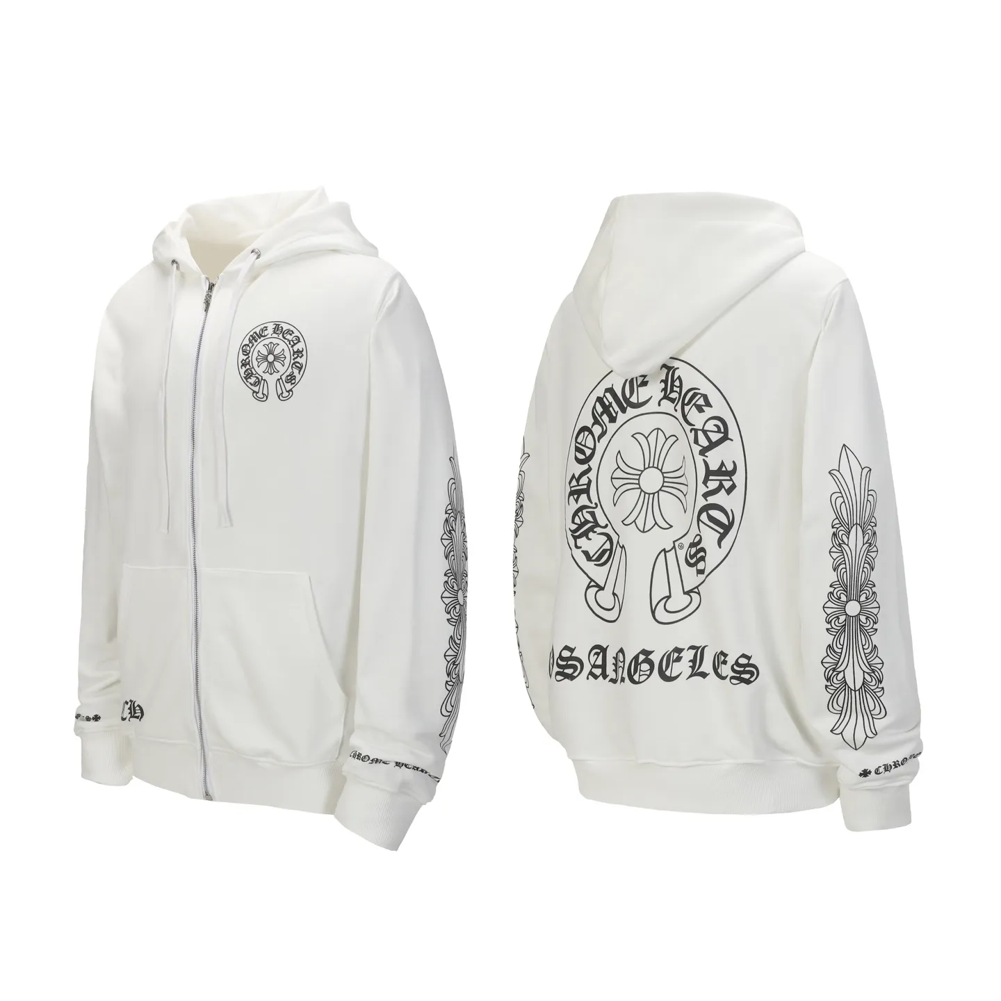 Q7—P230 -Chrome Hearts/Chrome Hearts printed zipper sweatshirt cardigan jacket -420 grams of high-density, high-quality wool, soft, delicate and skin-friendly, soft and silky to the touch, warm and skin-friendly -The hardware zipper accessories are all customized and full of details -Colour: black white -Size: S M L XL